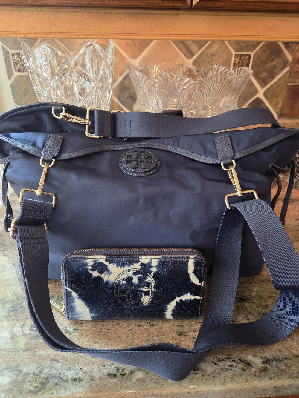 Tory Burch Large Navy Nylon Messenger Bag with Tie Dye Wallet